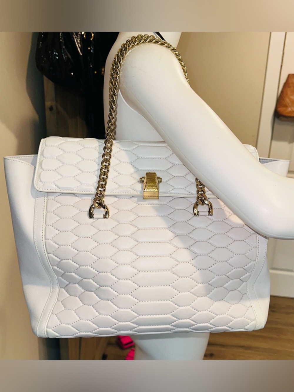Stunning Roberto Cavalier snake python quilted white gold link Chain Bag
